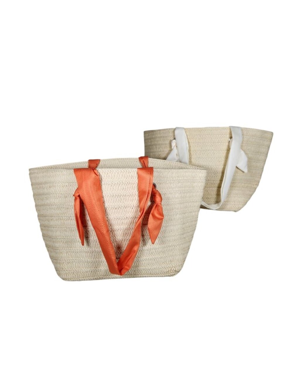 Natural Woven Straw Tote Bag Lot Of 2 Fabric Double Handle Boho Purse Handbags